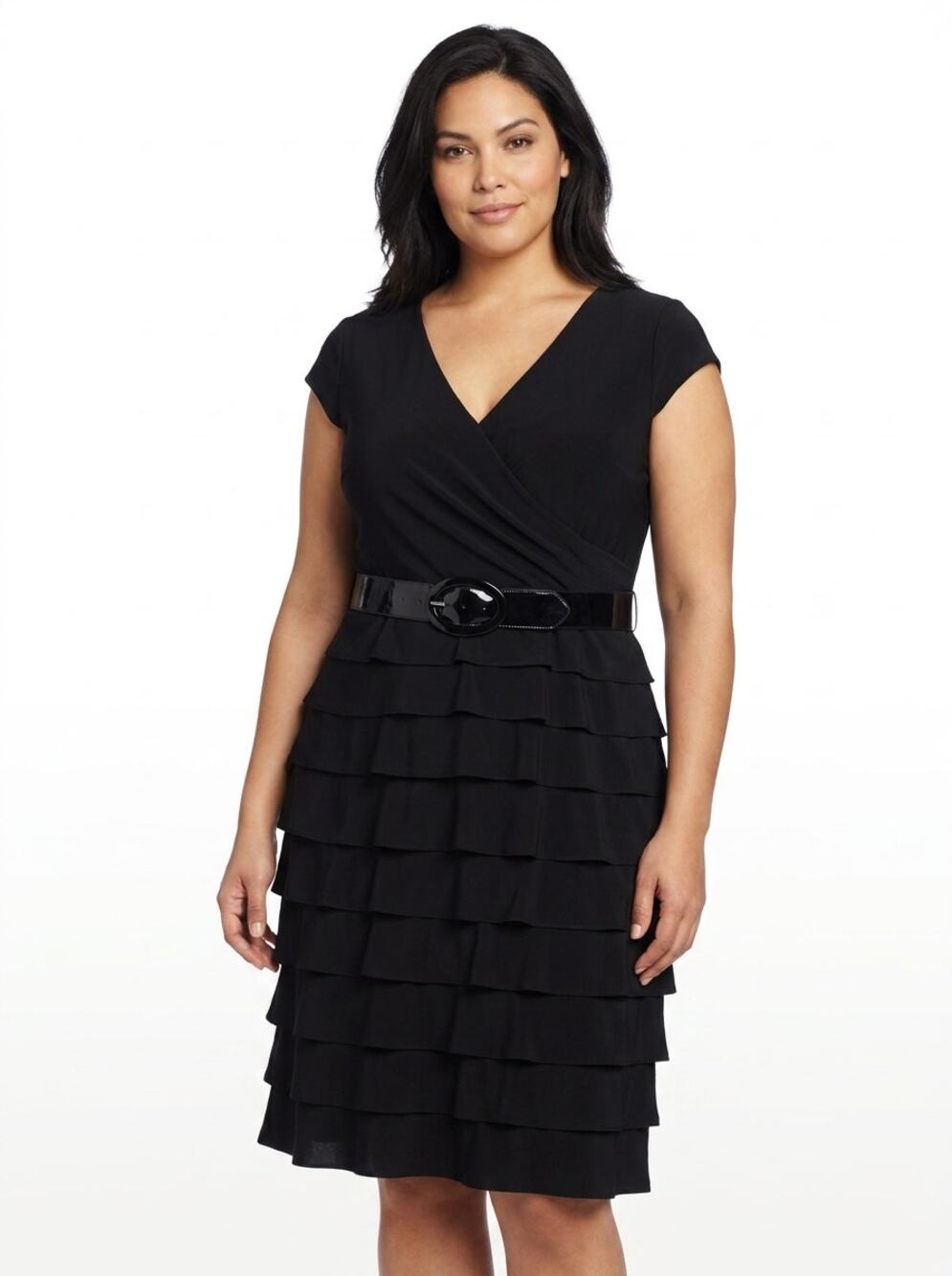 Adrianna Papell Black Belted Tiered Ruffle Wrap Dress Women Size 16